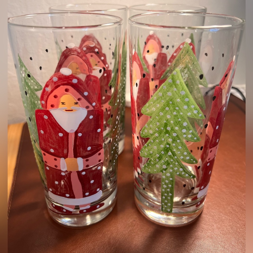 Droll Designs Essex Collection Highball Glass Santa Christmas Trees Tumbler 4pcs